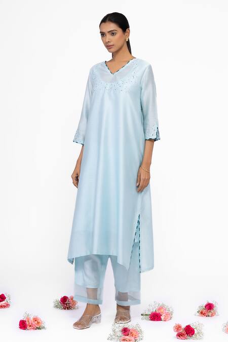 Shop_Bhavik Shah_Blue Silk, Chanderi, Cotton Embroidery V-neck A-line Kurta Set _Online_at_Aza_Fashions