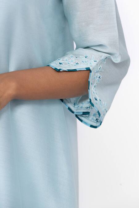 Bhavik Shah_Blue Silk, Chanderi, Cotton Embroidery V-neck A-line Kurta Set _at_Aza_Fashions