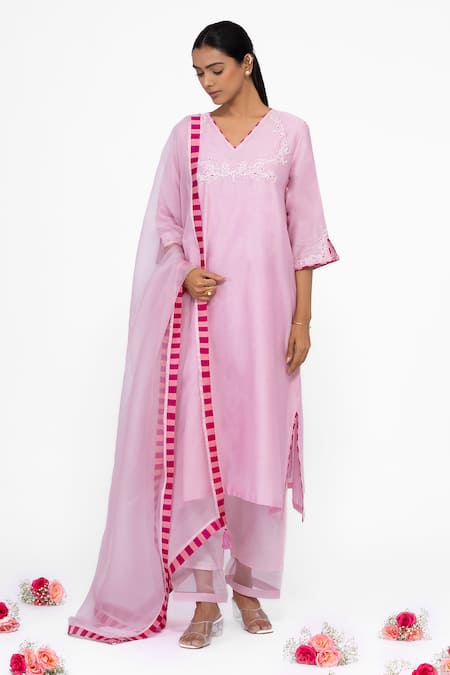 Shop_Bhavik Shah_Pink Chanderi , Organza Embroidery V-neck Kurta Set _Online_at_Aza_Fashions