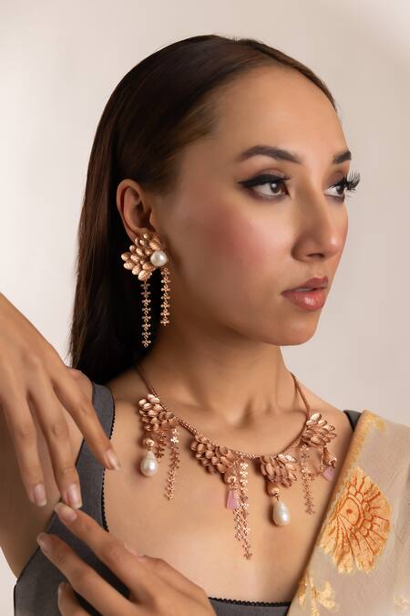 Shop_Trupti Mohta_Rose Gold Pearls Baroque Earrings With Drops _Online_at_Aza_Fashions