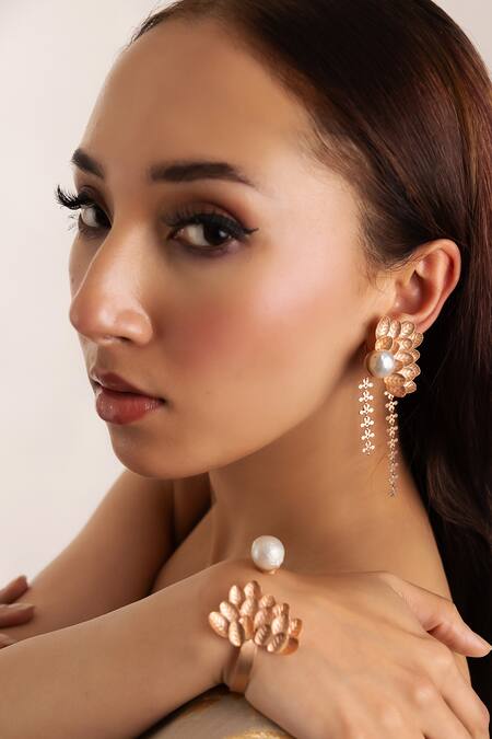 Trupti Mohta_Rose Gold Pearls Baroque Earrings With Drops _at_Aza_Fashions