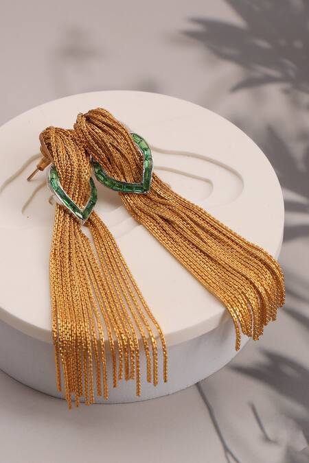 Trupti Mohta Golden Cascade Earrings With Green Accents 
