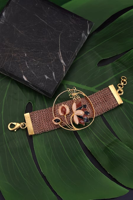 Trupti Mohta_Gold Plated Stones Rustic Weave Lotus Bracelet _Online_at_Aza_Fashions