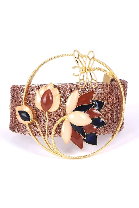 Shop_Trupti Mohta_Gold Plated Stones Rustic Weave Lotus Bracelet _Online_at_Aza_Fashions