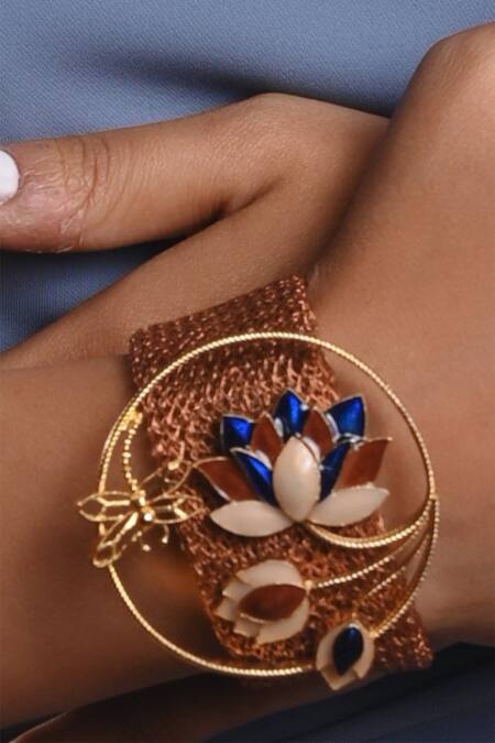 Trupti Mohta_Gold Plated Stones Rustic Weave Lotus Bracelet _at_Aza_Fashions