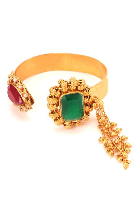 Trupti Mohta_Gold Plated Chains, Stones Emerald And Crimson Handcrafted Bracelet _Online_at_Aza_Fashions