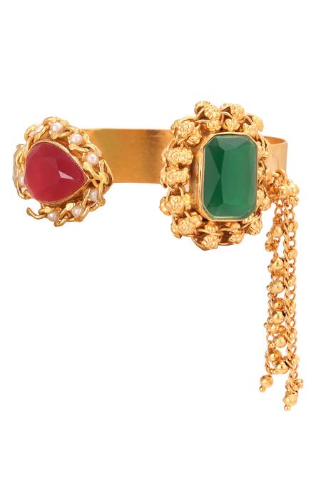 Buy_Trupti Mohta_Gold Plated Chains, Stones Emerald And Crimson Handcrafted Bracelet _Online_at_Aza_Fashions