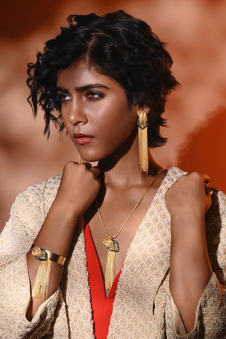 Trupti Mohta_Gold Plated Chains Cascade Bracelet With Green Crystals _Online_at_Aza_Fashions