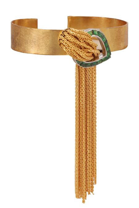 Shop_Trupti Mohta_Gold Plated Chains Cascade Bracelet With Green Crystals _Online_at_Aza_Fashions