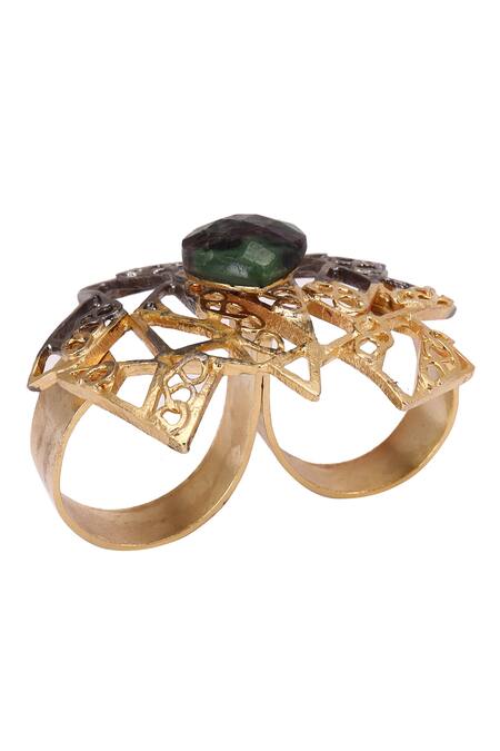 Trupti Mohta_Gold Plated Stones Designer Handcrafted Dual Ring _Online_at_Aza_Fashions