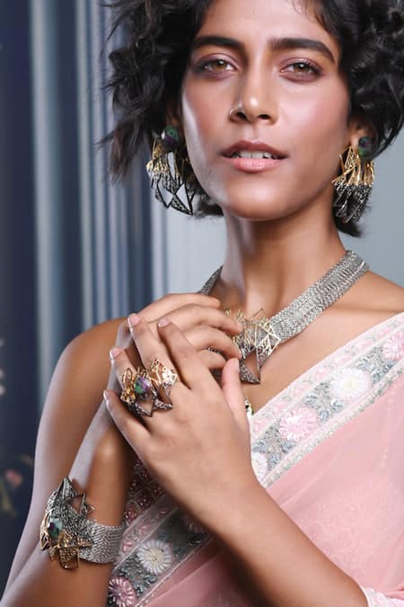 Buy_Trupti Mohta_Gold Plated Stones Designer Handcrafted Dual Ring _Online_at_Aza_Fashions