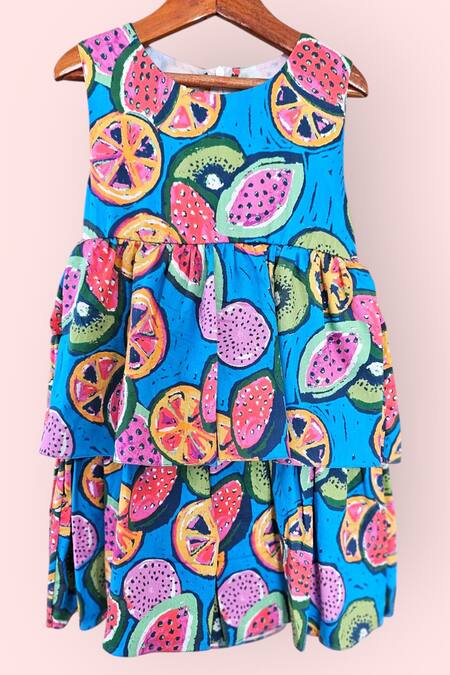 LA Dee DA_Blue Cotton Fruity Fiesta Tiered Dress _Online_at_Aza_Fashions