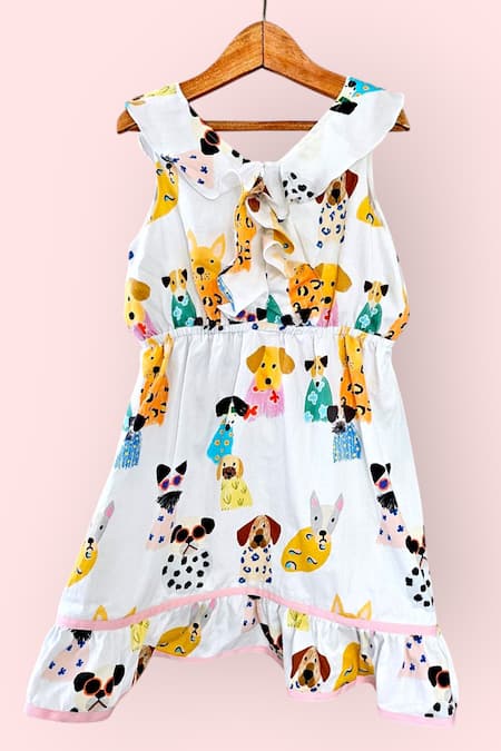 LA Dee DA_White Cotton Puppy Print Ruffle Dress _Online_at_Aza_Fashions