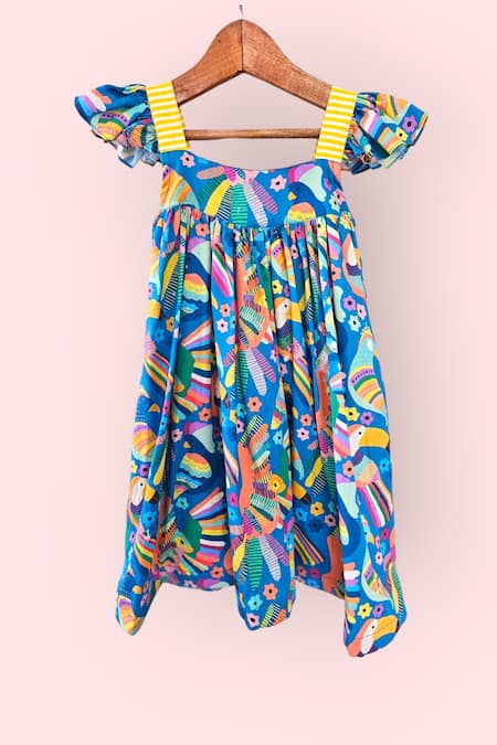 LA Dee DA_Blue Cotton Tropical Tweet Bird Dress _Online_at_Aza_Fashions