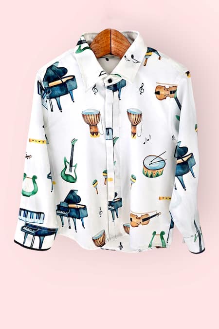 LA Dee DA_White Cotton Musical Instruments Print Boys Shirt _Online_at_Aza_Fashions