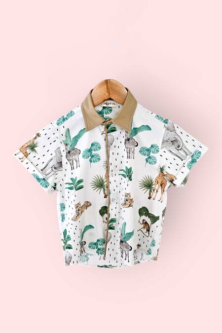 LA Dee DA_White Cotton Safari Adventure Boys Shirt And Shorts Set _Online_at_Aza_Fashions