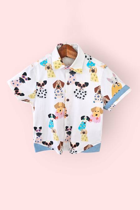LA Dee DA White Cotton Puppy Parade Shirt Online at Aza Fashions LA Dee DA_White Cotton Puppy Parade Shirt _Online_at_Aza_Fashions