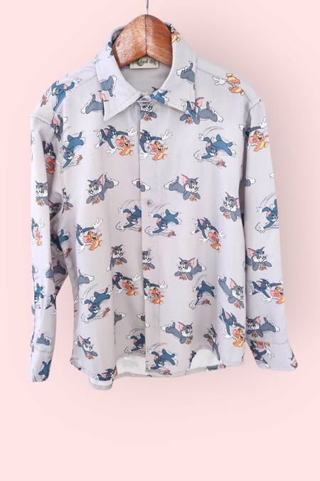 LA Dee DA_Off White Cotton Tom And Jerry Print Boys Shirt _Online_at_Aza_Fashions