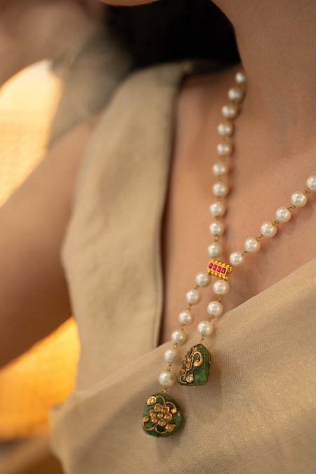 Do Taara_White Kundan And Pearl Long Necklace _Online_at_Aza_Fashions