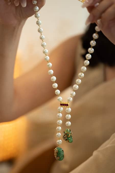 Buy_Do Taara_White Kundan And Pearl Long Necklace _Online_at_Aza_Fashions