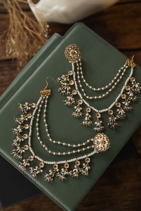 Shop Do Taara Gray Pearls Kundan Onyx Designer Earrings at Aza Fashions Shop_Do Taara_Gray Pearls Kundan Onyx Designer Earrings _at_Aza_Fashions