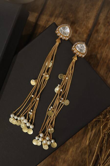 Shop_Do Taara_Gold Plated Pearls, Stones Polki Dangler Earrings _at_Aza_Fashions