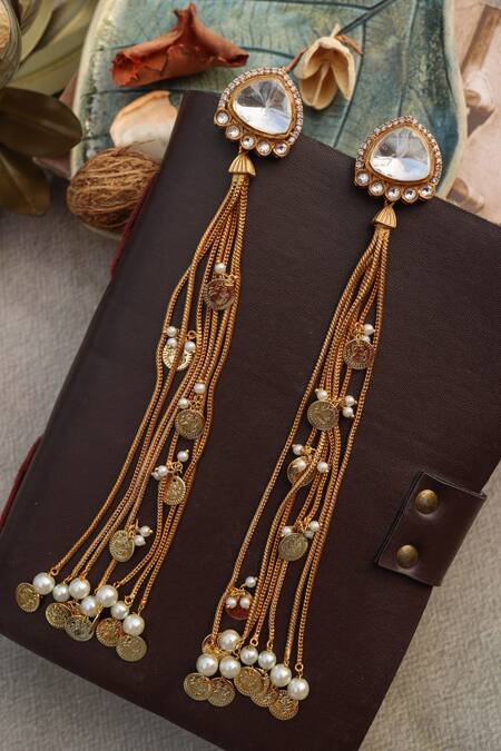 Do Taara_Gold Plated Pearls, Stones Polki Dangler Earrings _Online_at_Aza_Fashions