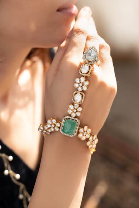 Shop_Do Taara_Gold Plated Stones Floral Polki Hathphool Bracelet _Online_at_Aza_Fashions