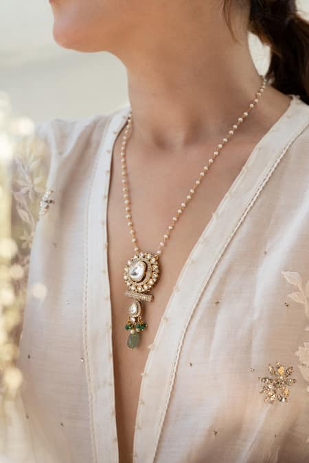 Shop_Do Taara_Mint Polki Pendant Necklace _Online_at_Aza_Fashions