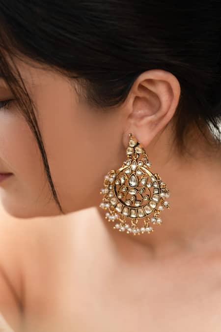Do Taara Gold Plated Pearls, Stones Kundan Antique Chandbali Earrings Online at Aza Fashions Do Taara_Gold Plated Pearls, Stones Kundan Antique Chandbali Earrings _Online_at_Aza_Fashions