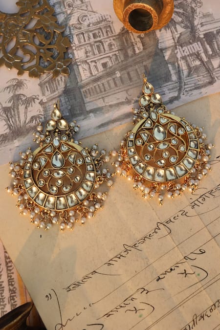 Shop Do Taara Gold Plated Pearls, Stones Kundan Antique Chandbali Earrings at Aza Fashions Shop_Do Taara_Gold Plated Pearls, Stones Kundan Antique Chandbali Earrings _at_Aza_Fashions