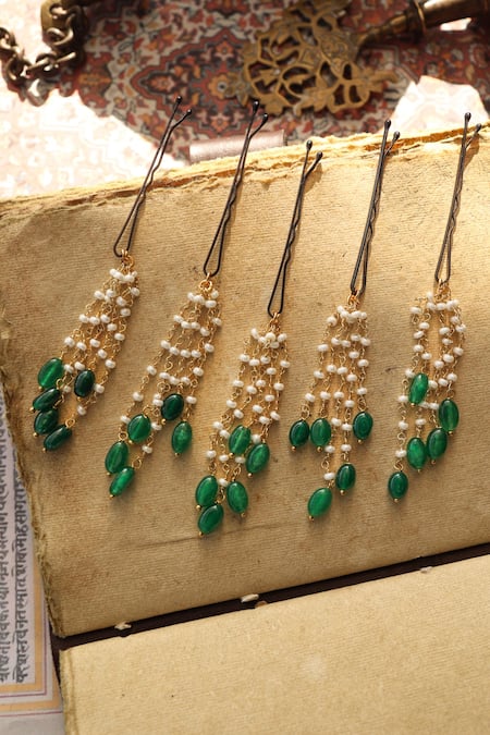 Shop Do Taara White Pearls, Stones And Jade Green Braid Pin Set at Aza Fashions Shop_Do Taara_White Pearls, Stones And Jade Green Braid Pin Set _at_Aza_Fashions