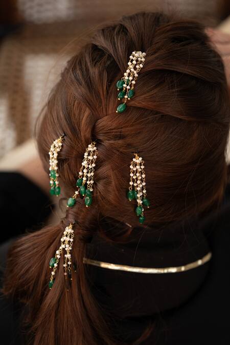 Do Taara White Pearls, Stones And Jade Green Braid Pin Set Online at Aza Fashions Do Taara_White Pearls, Stones And Jade Green Braid Pin Set _Online_at_Aza_Fashions