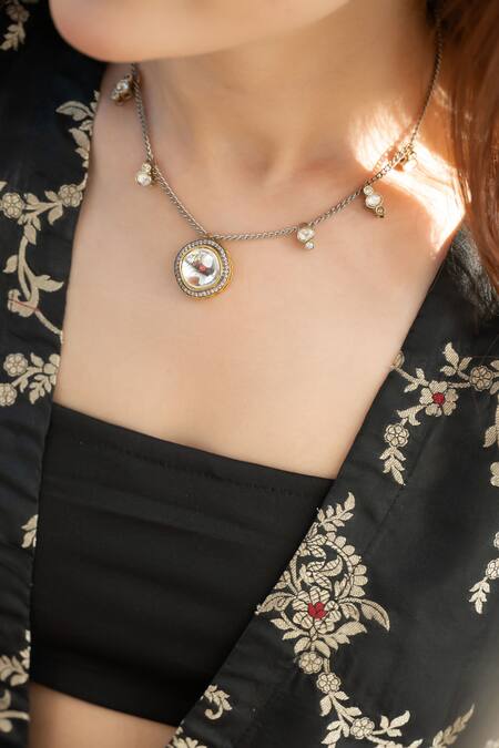 Buy Do Taara Silver Plated Contemporary Polki Pendant Necklace Online at Aza Fashions Buy_Do Taara_Silver Plated Contemporary Polki Pendant Necklace _Online_at_Aza_Fashions