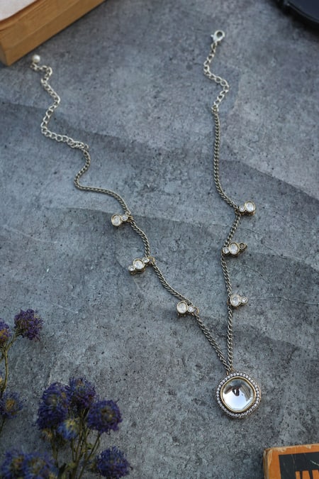 Shop Do Taara Silver Plated Contemporary Polki Pendant Necklace at Aza Fashions Shop_Do Taara_Silver Plated Contemporary Polki Pendant Necklace _at_Aza_Fashions