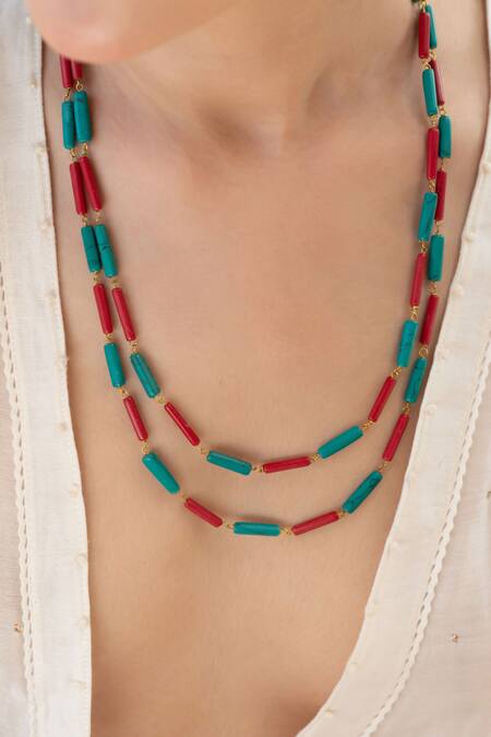 Do Taara Red Layered Necklace With Turquoise And Online at Aza Fashions Do Taara_Red Layered Necklace With Turquoise And _Online_at_Aza_Fashions