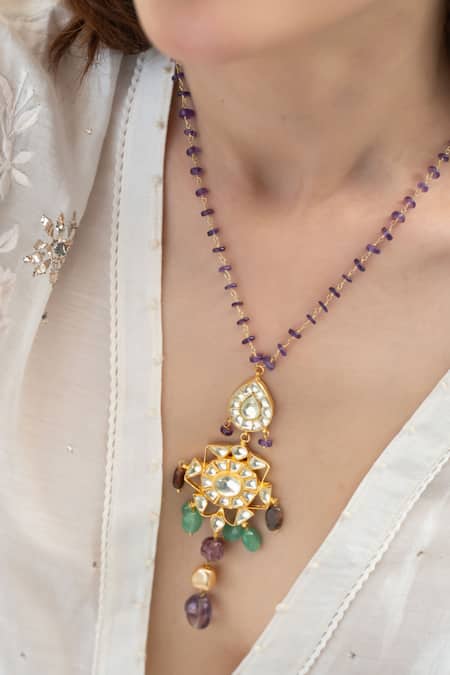 Buy Do Taara Purple Kundan Pendant Necklace Online at Aza Fashions Buy_Do Taara_Purple Kundan Pendant Necklace _Online_at_Aza_Fashions