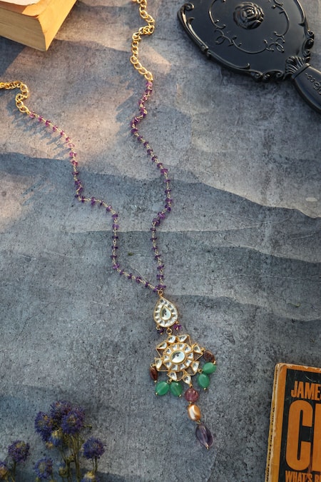 Shop Do Taara Purple Kundan Pendant Necklace at Aza Fashions Shop_Do Taara_Purple Kundan Pendant Necklace _at_Aza_Fashions