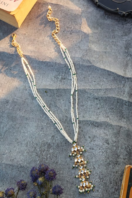 Shop Do Taara Gold Plated Kundan And Pearl Long Necklace at Aza Fashions Shop_Do Taara_Gold Plated Kundan And Pearl Long Necklace _at_Aza_Fashions