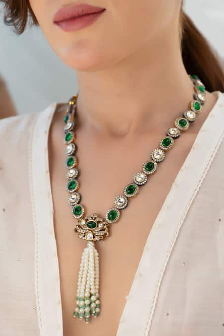 Do Taara_Green Polki Necklace With Pearl Tassel _Online_at_Aza_Fashions
