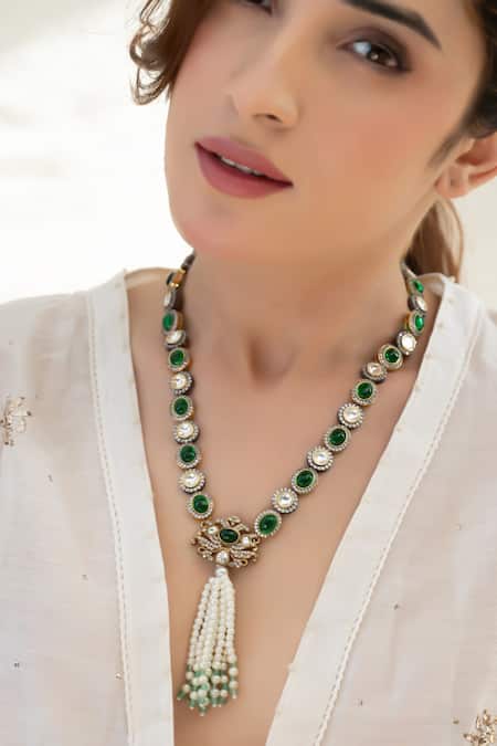 Buy_Do Taara_Green Polki Necklace With Pearl Tassel _Online_at_Aza_Fashions