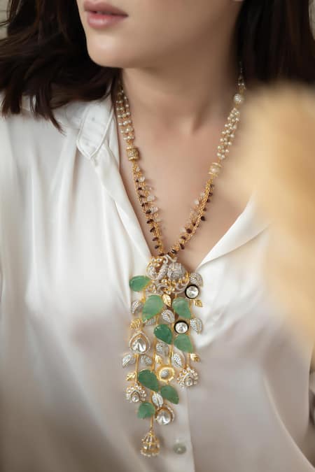 Do Taara_Mint Stones, Crystals Polki Necklace Set _Online_at_Aza_Fashions