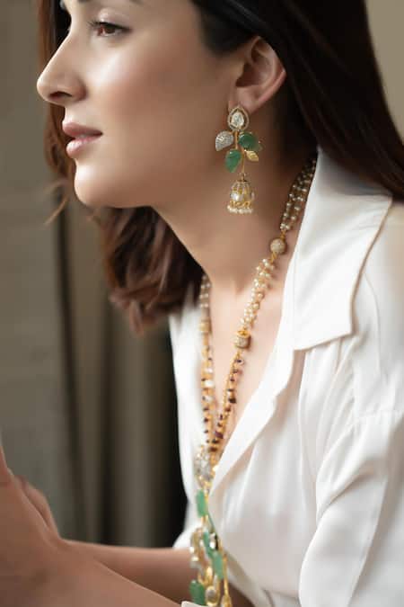 Buy_Do Taara_Mint Stones, Crystals Polki Necklace Set _Online_at_Aza_Fashions