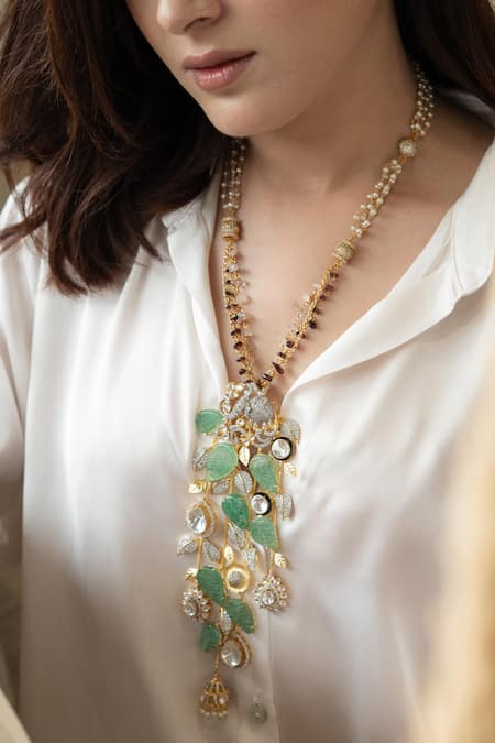 Shop_Do Taara_Mint Stones, Crystals Polki Necklace Set _Online_at_Aza_Fashions