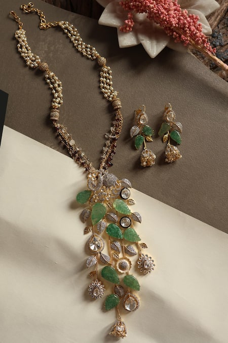 Shop_Do Taara_Mint Stones, Crystals Polki Necklace Set _at_Aza_Fashions