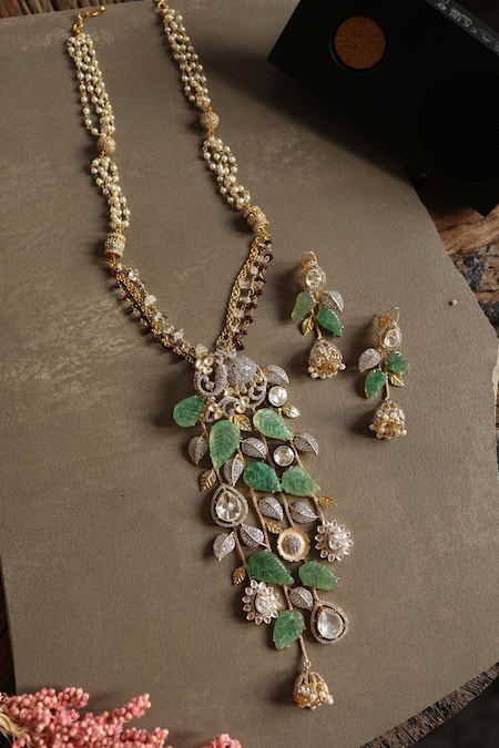 Do Taara_Mint Stones, Crystals Polki Necklace Set _at_Aza_Fashions
