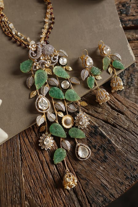 Buy_Do Taara_Mint Stones, Crystals Polki Necklace Set 