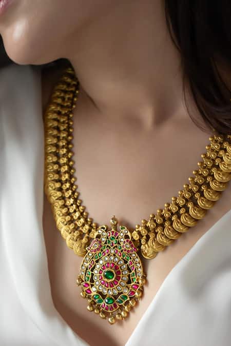 Do Taara_Gold Plated Temple Necklace With Peacock Pendant _Online_at_Aza_Fashions