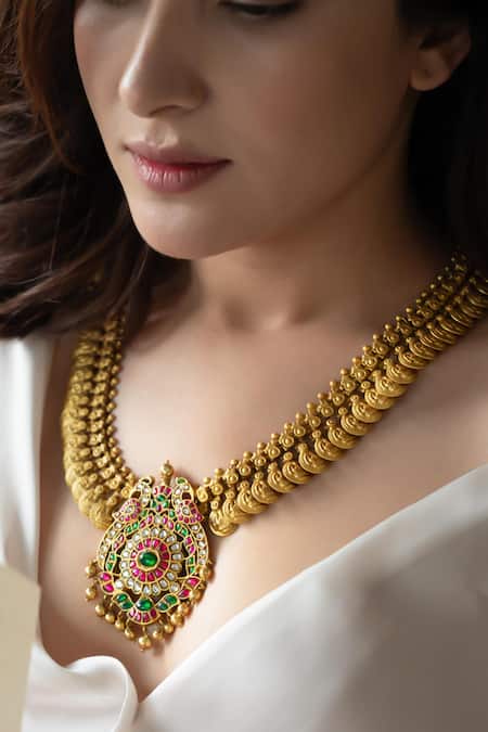 Buy_Do Taara_Gold Plated Temple Necklace With Peacock Pendant _Online_at_Aza_Fashions