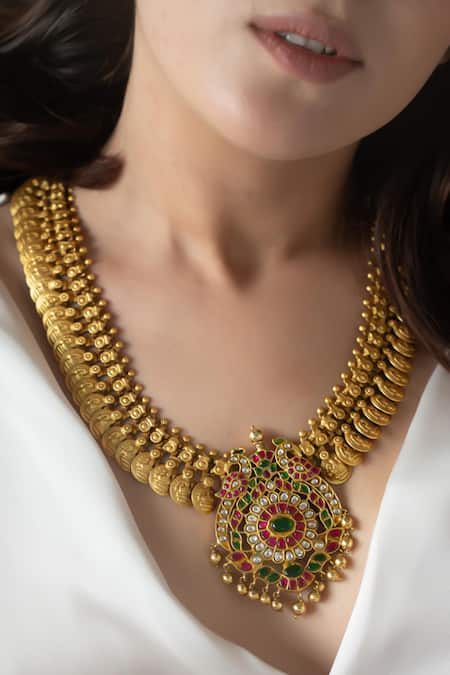 Shop_Do Taara_Gold Plated Temple Necklace With Peacock Pendant _Online_at_Aza_Fashions